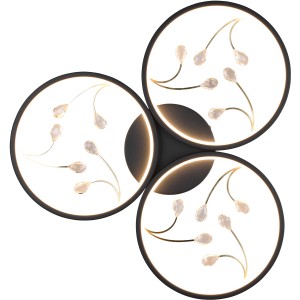 Moderne Trio LED-Deckenleuchte Groovy, schwarz matt, mit drei Lichtkreisen und Kristallbehang.
