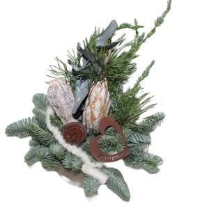 Grabschale mit Protea und Herz, Ø 15cm, Natur Grabgesteck für Gedenktage.