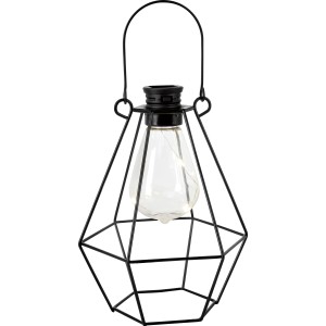 Schwarze LED Solar-Laterne aus Metall, 11,9x8,6x17cm, mit warmweißen Micro-LEDs und Aufhängebügel.
