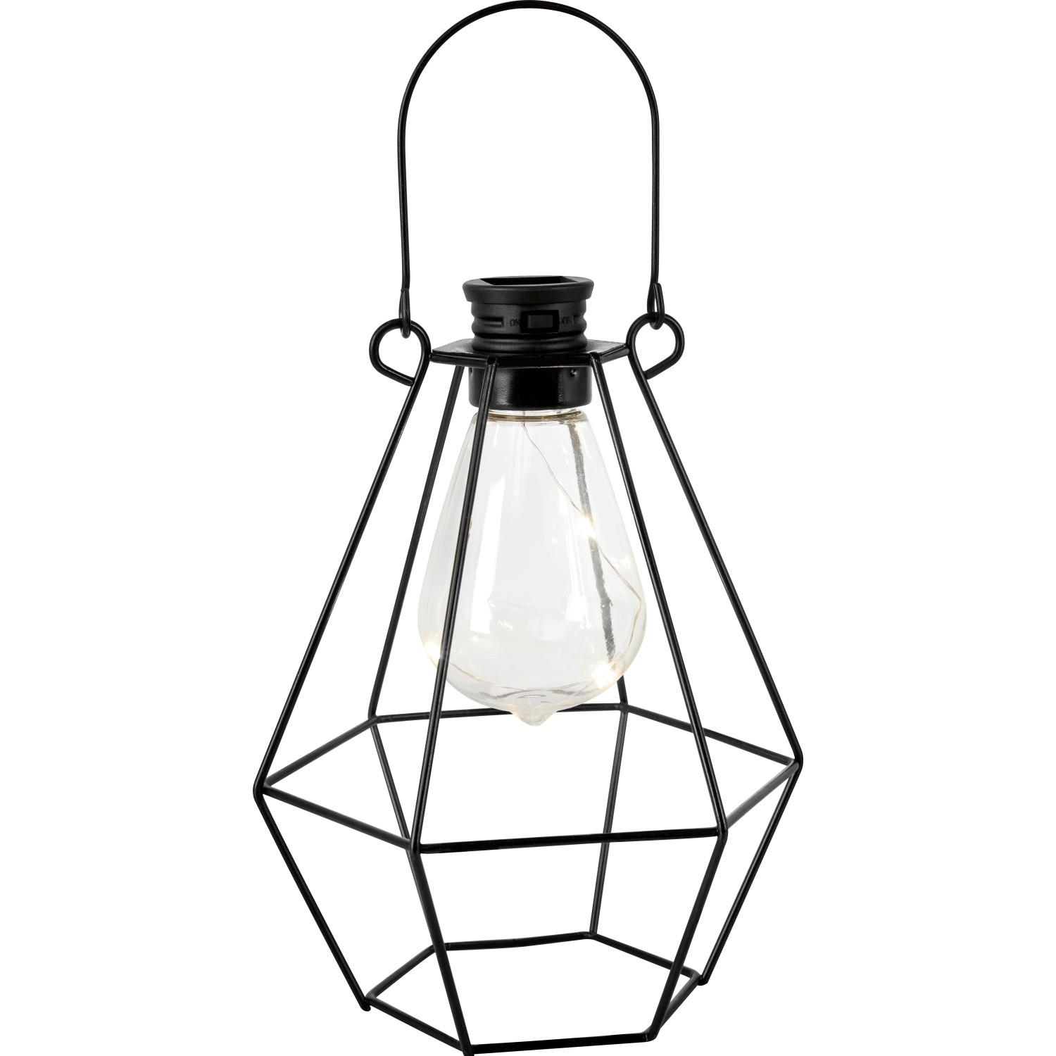 Schwarze LED Solar-Laterne aus Metall, 11,9x8,6x17cm, mit warmweißen Micro-LEDs und Aufhängebügel.