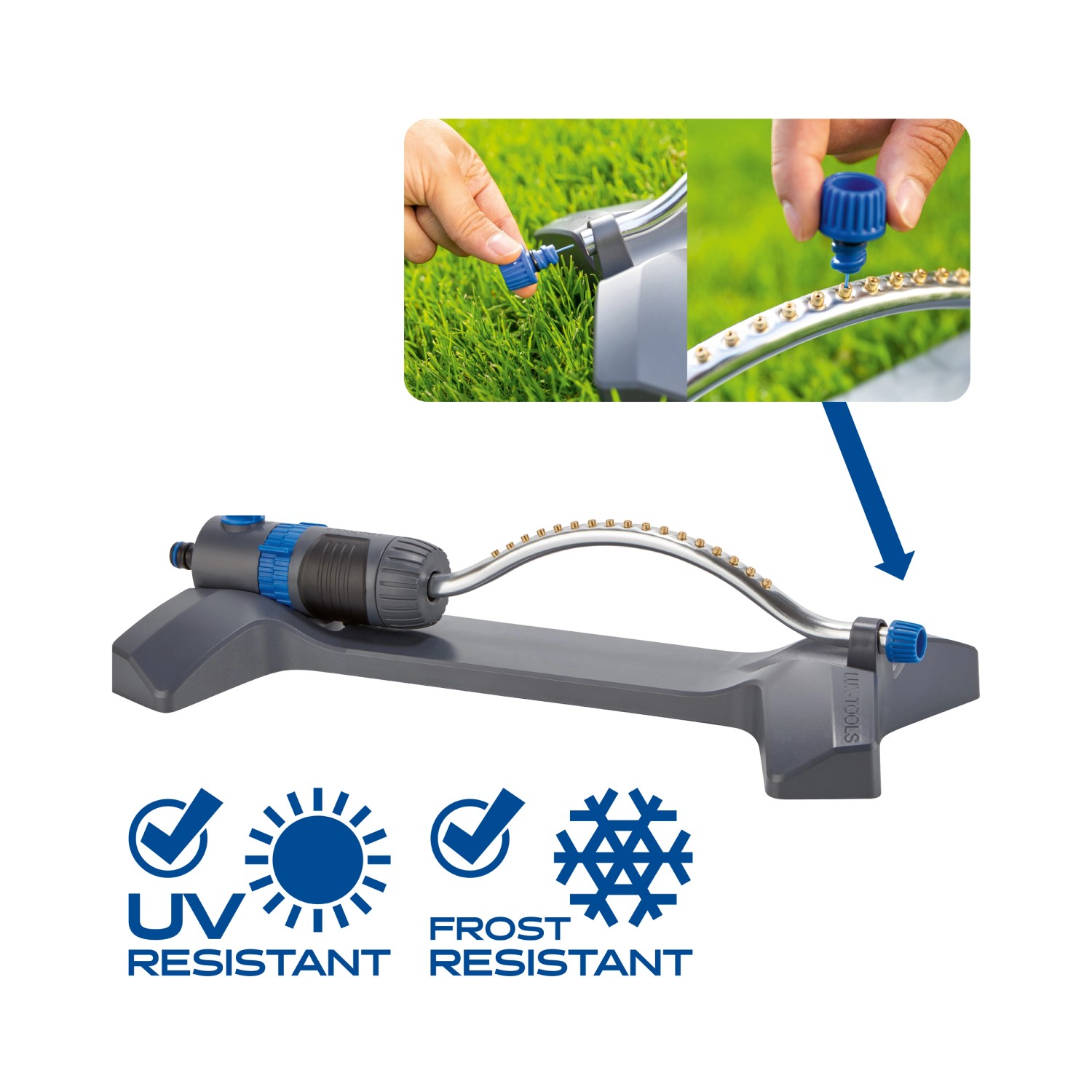 LUX Viereckregner für bis zu 320 m² Gartenfläche, mit Einstellmöglichkeiten für die Beregnungsweite.