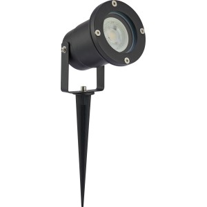 Schwarzer LED Gartenstrahler mit Erdspieß, 5W, 2700K, IP44. Inklusive GU10 Leuchtmittel.