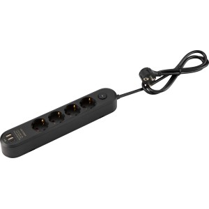 Schwarze 4-fach Steckdosenleiste mit USB-Anschlüssen und Ein-Aus-Schalter.
