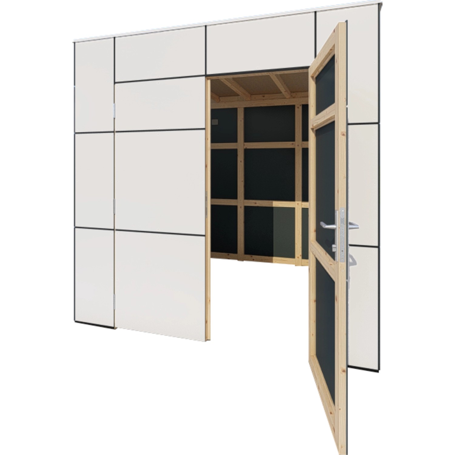 Bertilo Gartenhaus HPL 1 in Anthrazit-Weiß mit offener Doppeltür. Holz-Gartenhaus.