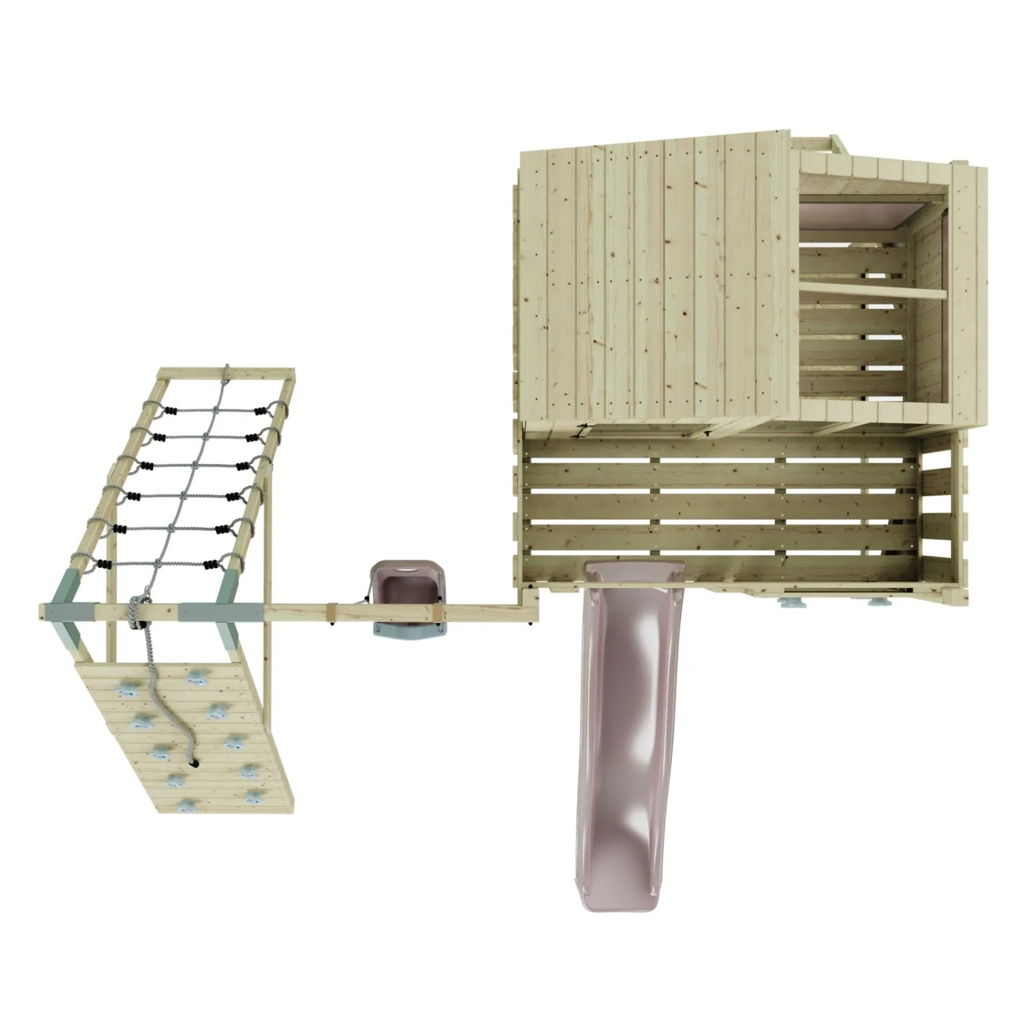Holz-Spieltürm mit Rutsche, Kletterwand und Schaukel. Ideal für Kinder ab 3 Jahren.