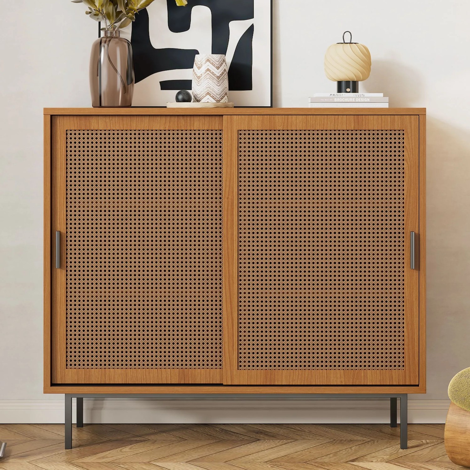 okwish Sideboard mit 2 Schiebetüren Ablage Wohnzimmer 100x90x37cm Braun_4