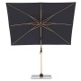 Anthrazitfarbener Pendelschirm ALU WOOD AX, 220x300 cm, mit hellem Eschenholz-Look und Schirmständer.
