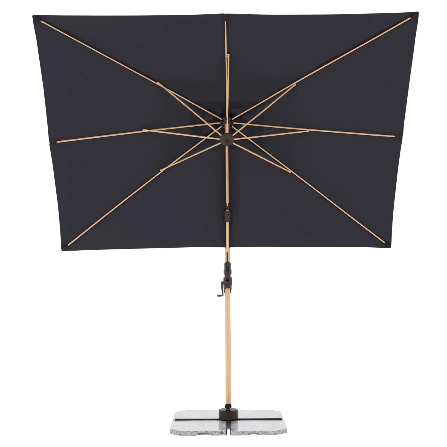 Anthrazitfarbener Pendelschirm ALU WOOD AX, 220x300 cm, mit hellem Eschenholz-Look und Schirmständer.