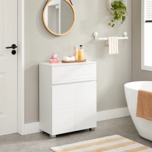 Weißer Vasagle Badezimmerschrank (30x60x80 cm) mit Schublade und Regal im Badezimmer.