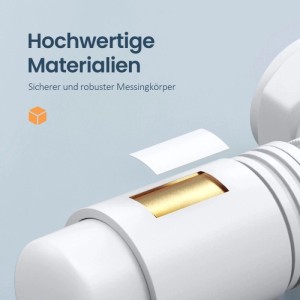 Nahaufnahme eines weißen Emke Heizkörper Multiblock Ventils im Schnitt, zeigt den robusten Messingkern. Für Heizungs-Installation.