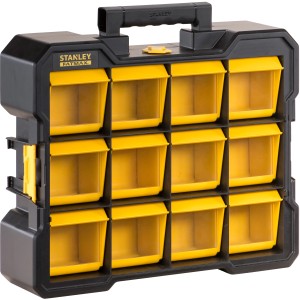 Stanley Fatmax Flip Bin Organizer mit 12 gelben Fächern für Kleinteile, Aufbewahrungssystem.