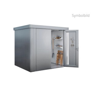 Biohort Metall-Gerätehaus Neo 1B Silber-Metallic mit offener Standardtür, zeigt Regale und Gartengeräte.
