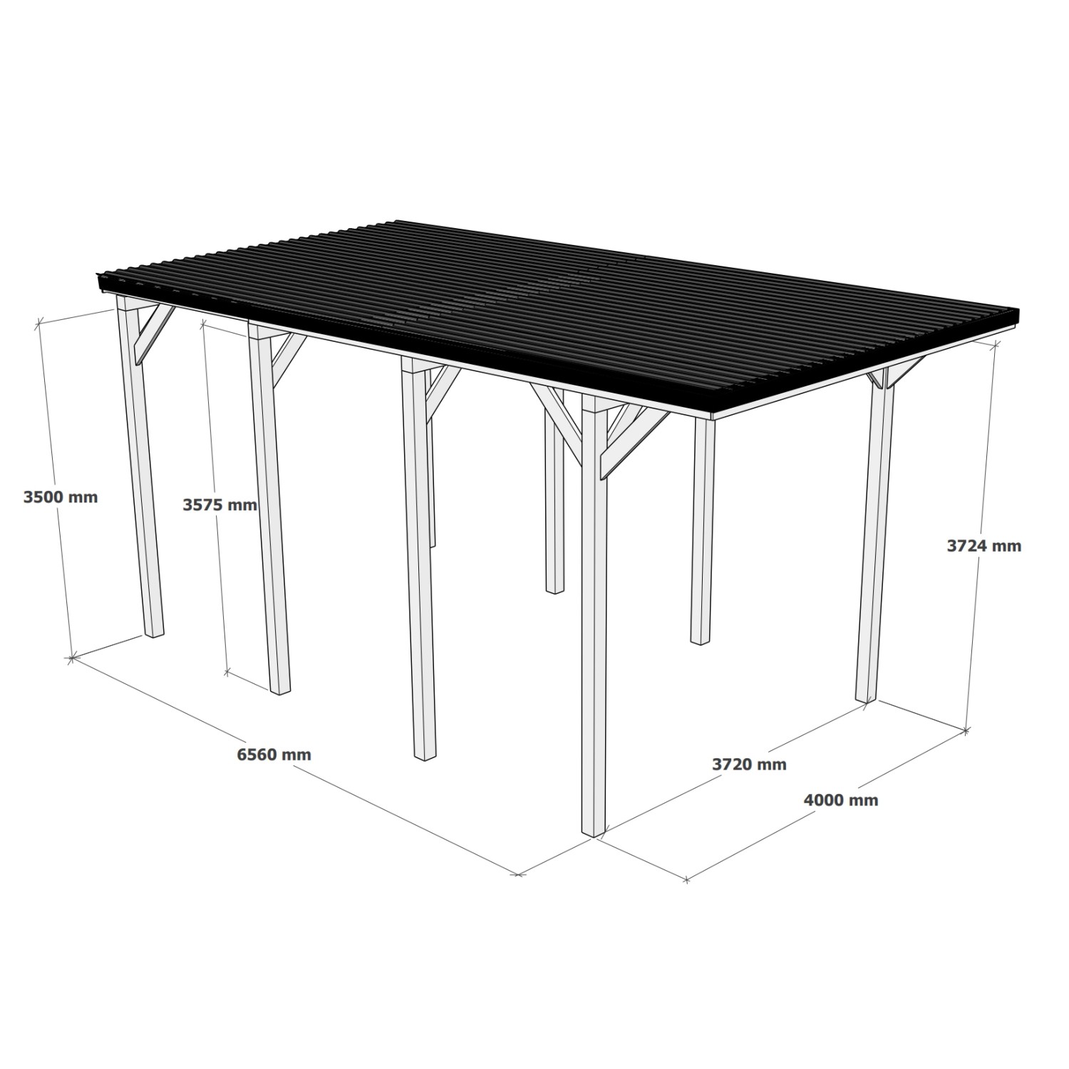 Skizze: Holzbrüder Camping-Carport Ralf, 400x800 cm, reinweiß, mit dunkelgrauem Blechdach und Maßangaben.