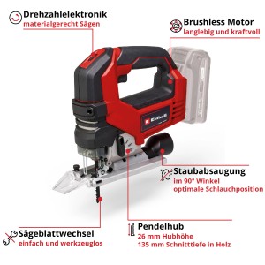 Einhell Akku-Stichsäge TP-JS 18/135 Li Bl-Solo: Rot-schwarze Stichsäge mit Akku. Ideal für präzise Schnitte.