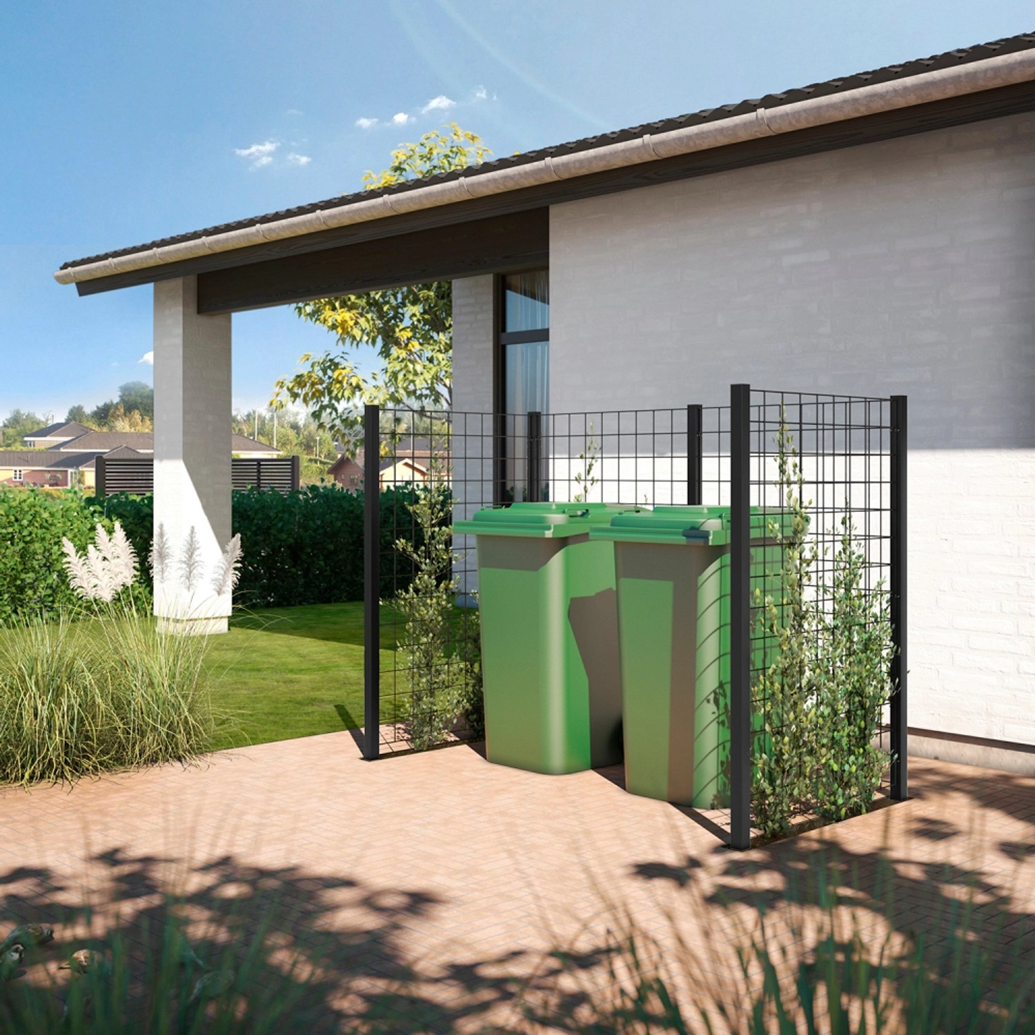 Mülltonnenabtrennung aus Stahl, 193,5x99x140cm, zum Einbetonieren, mit zwei grünen Mülltonnen.