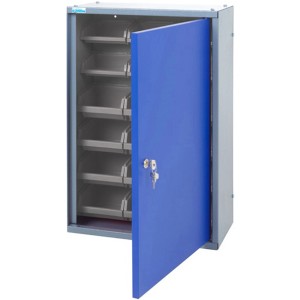 Küpper Hängeschrank mit blauer Tür, offen, mit 18 Boxen. Werkzeugschrank für die Werkstatt.