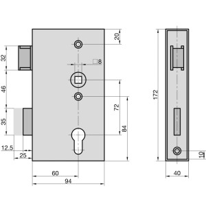 Technische Zeichnung Schlosskasten Basi SK 990, Dornmaß 60 mm, Stulp 40 mm, Abmessungen