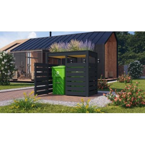 Karibu Mülltonnenbox Anthrazit mit Hochbeet für 2 Tonnen, mit grüner Mülltonne vor modernem Haus.