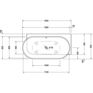 Technische Zeichnung der Duravit Luv Eck-Badewanne, 185x95 cm, mit Maßen. Ovale Badewanne für die Ecke rechts.