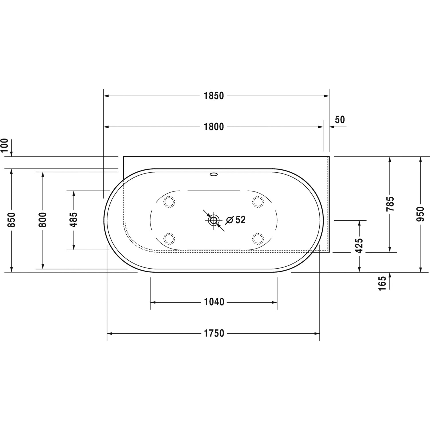 Technische Zeichnung der Duravit Luv Eck-Badewanne, 185x95 cm, mit Maßen. Ovale Badewanne für die Ecke rechts.