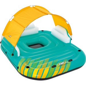 Bestway Schwimminsel Sunny Lounge Island mit gelbem Sonnendach und Getränkehalter.