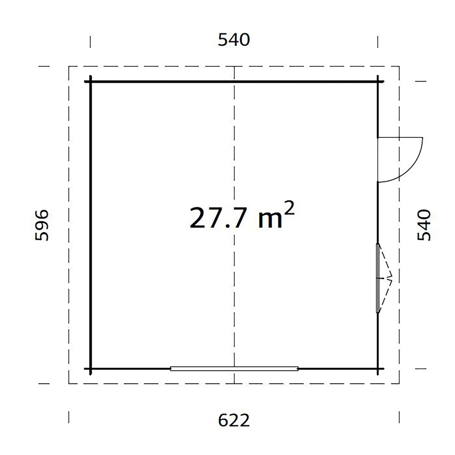 Grundriss Palmako Holzgarage Roger, 540x540 cm, tauchgrundiert, ohne Tor. Abmessungen und Raumaufteilung.
