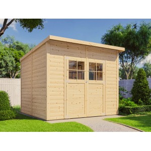 Bertilo Holz-Gartenhaus Alster, naturbelassen mit Doppeltür und Lichtausschnitten.