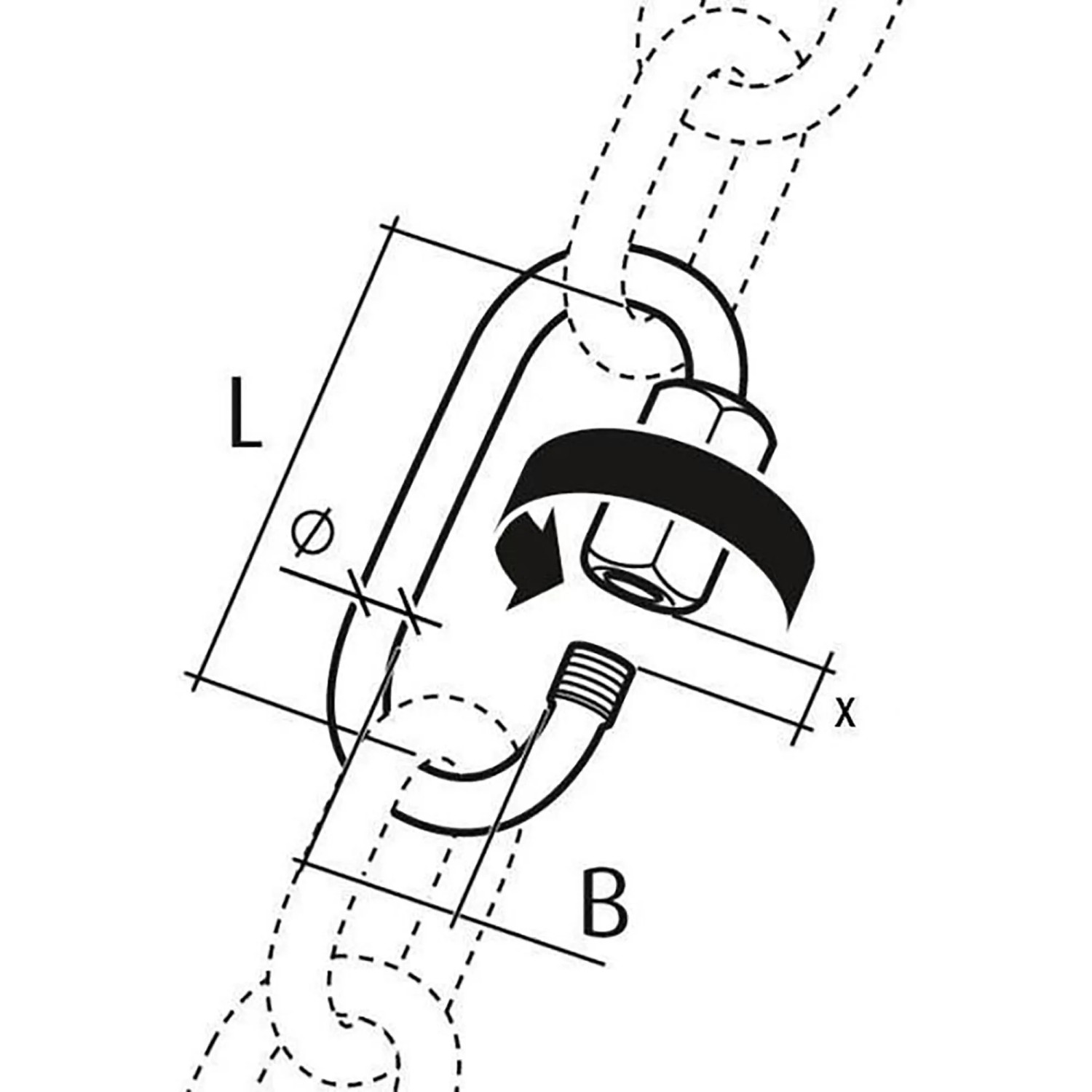 Technische Zeichnung: Conacord Ketten-Schnellverschluss aus V4A-Edelstahl, Ø 8 mm, mit Schraubverschluss. Für Ketten.