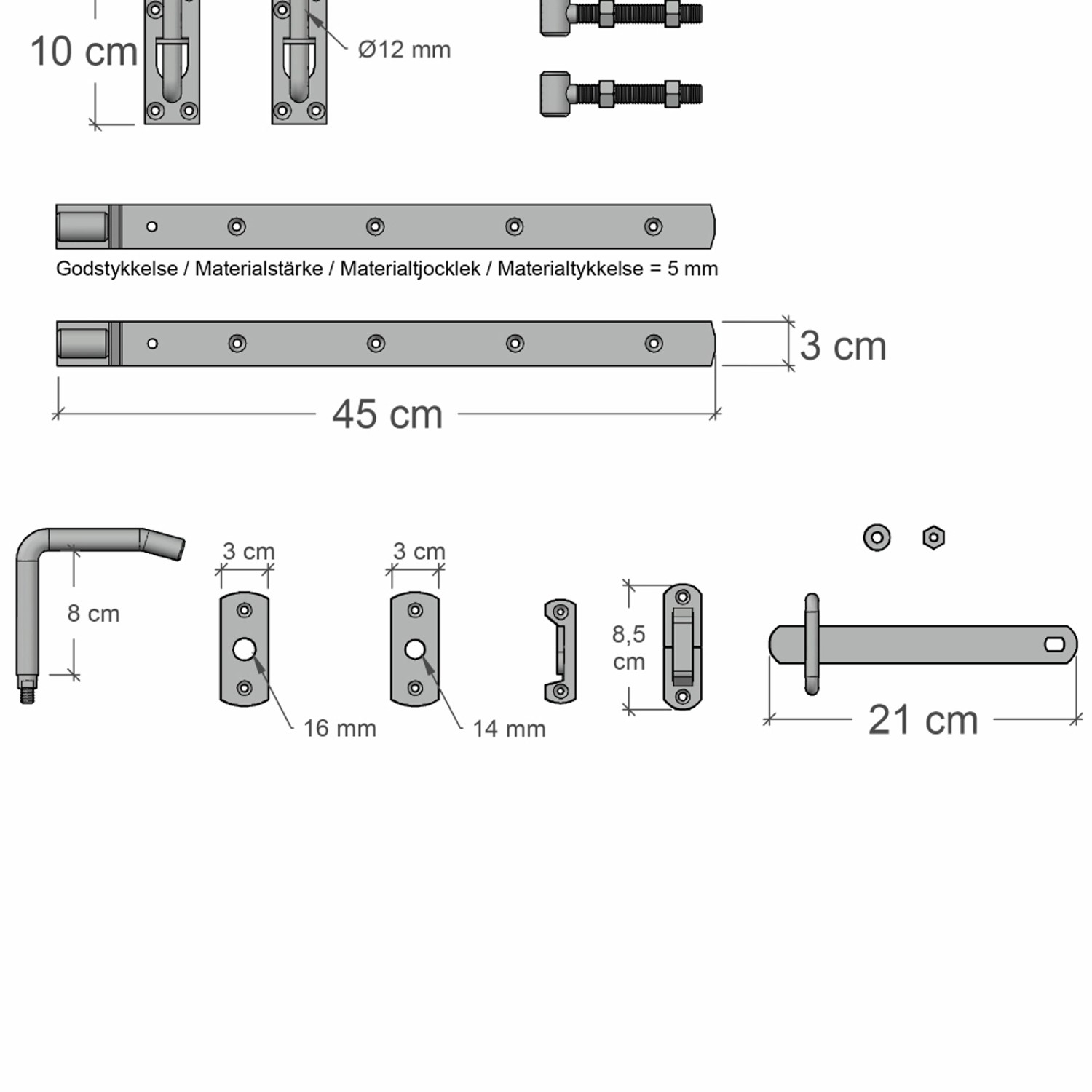 Beschläge für Gartentor Skagen Lux, Detailansicht mit Maßen.
