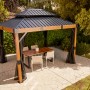 Sojag Pavillon Fontana 289x363 cm mit Moskitonetz und Esstischgruppe im Garten.