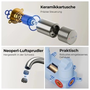 Emke Unterputz Waschtischarmatur: Keramikkartusche, Neoperl Luftsprudler & robustes Einbaugehäuse für präzise Steuerung.