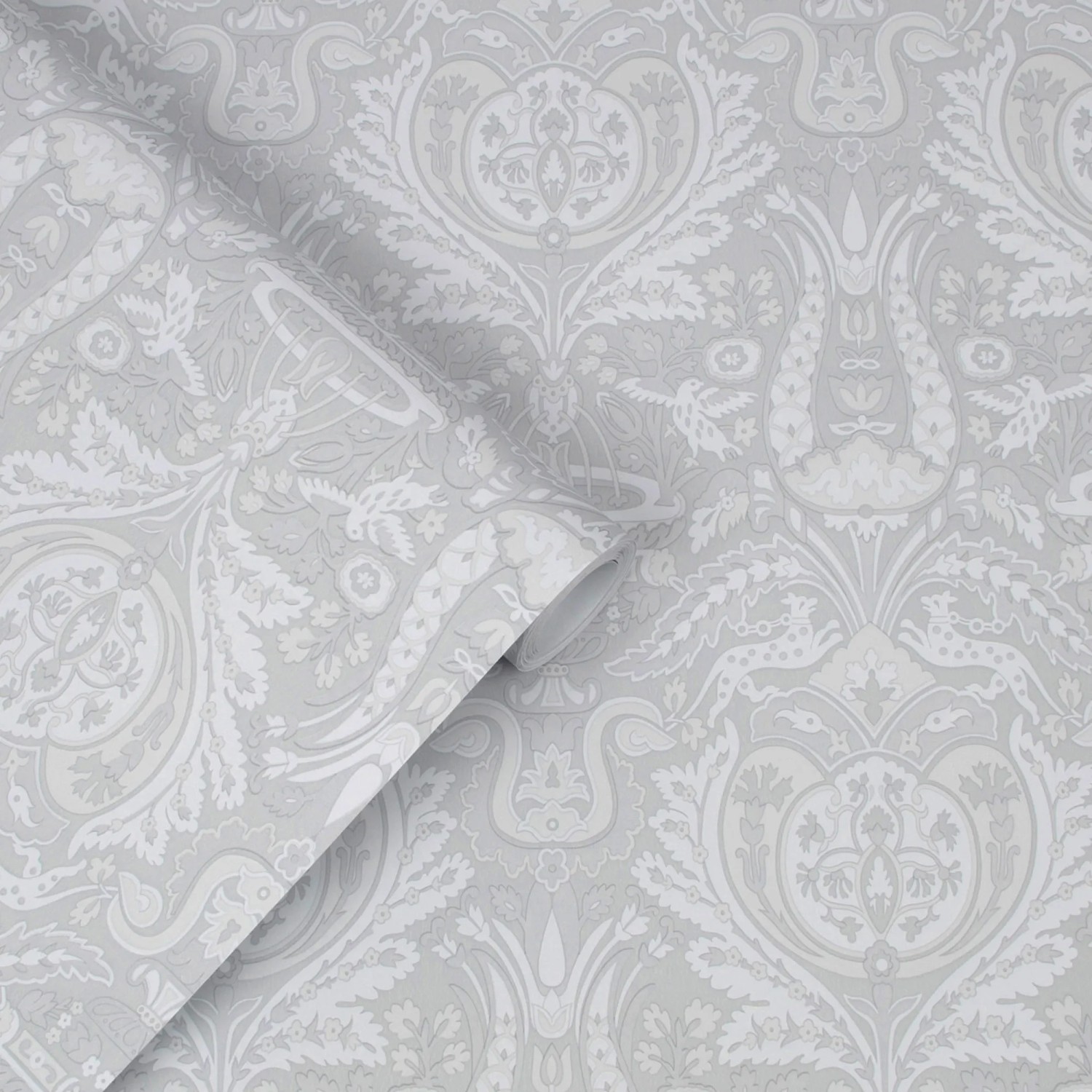Laura Ashley Vliestapete Heraldic Damask in Grau mit floralem Muster.