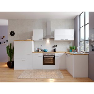 Respekta Winkelküche KBL310WWCG in Weiß/Nussbaum mit E-Geräten und viel Stauraum.