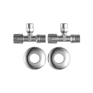 2er-Set Kirchhoff Eckventile, Chrom, mit Rosetten. 1/2" x 3/8" Anschluss, für Sanitärinstallation.