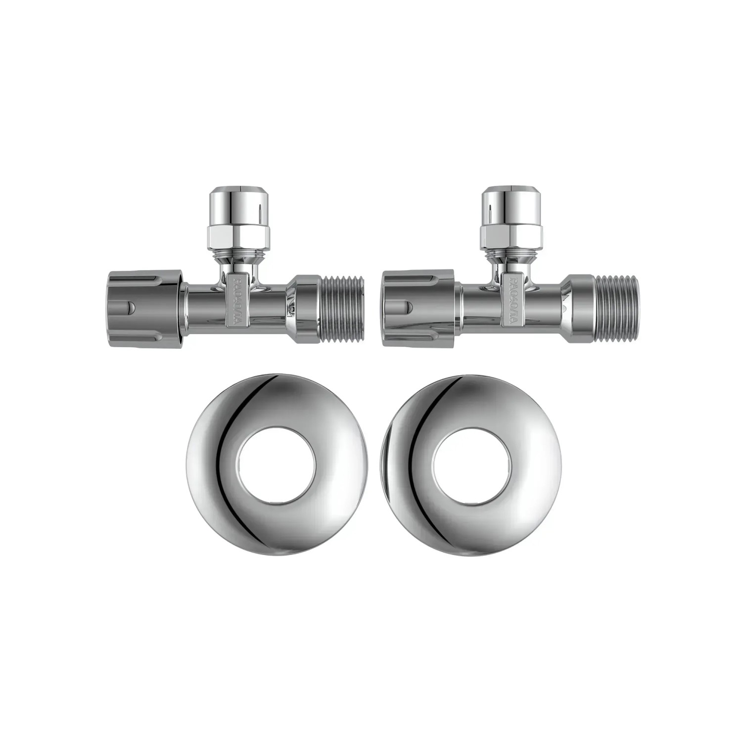 2er-Set Kirchhoff Eckventile, Chrom, mit Rosetten. 1/2" x 3/8" Anschluss, für Sanitärinstallation.