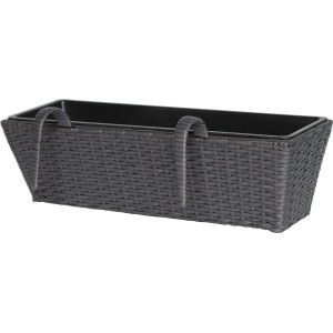 Balkonkasten aus Polyrattan in Anthrazit-Schwarz, 60 cm breit, mit Halterung zum Aufhängen.
