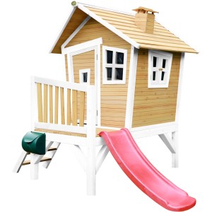 Axi Robin Spielhaus mit Rutsche, braun-weiß, 177x264x203 cm. Holzspielhaus mit Veranda und Briefkasten.