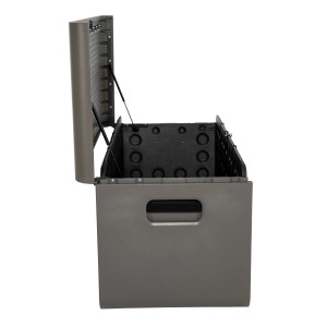 Geöffnete, graue Lifetime Kissenbox (625 l) mit Griffmulde. Ideal zur Aufbewahrung im Garten.