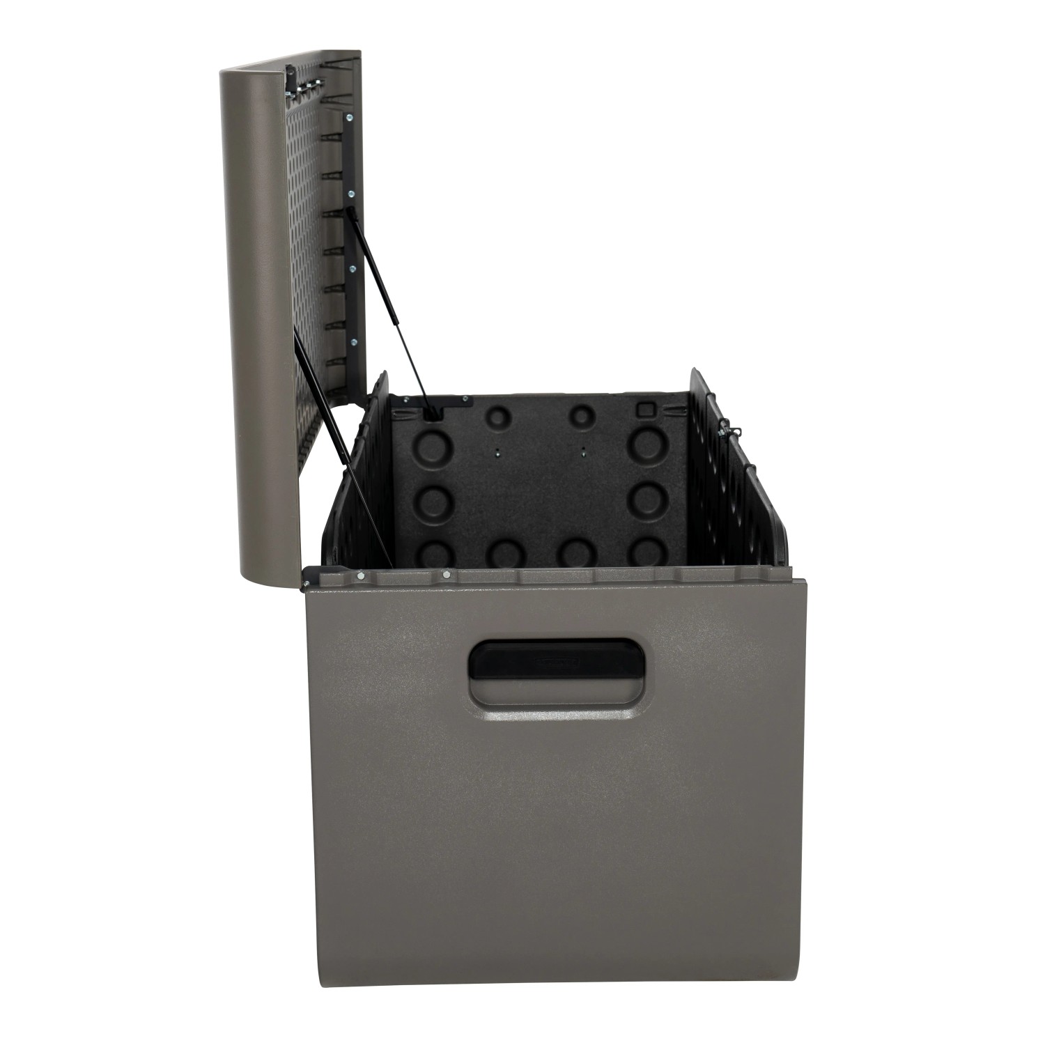 Geöffnete, graue Lifetime Kissenbox (625 l) mit Griffmulde. Ideal zur Aufbewahrung im Garten.