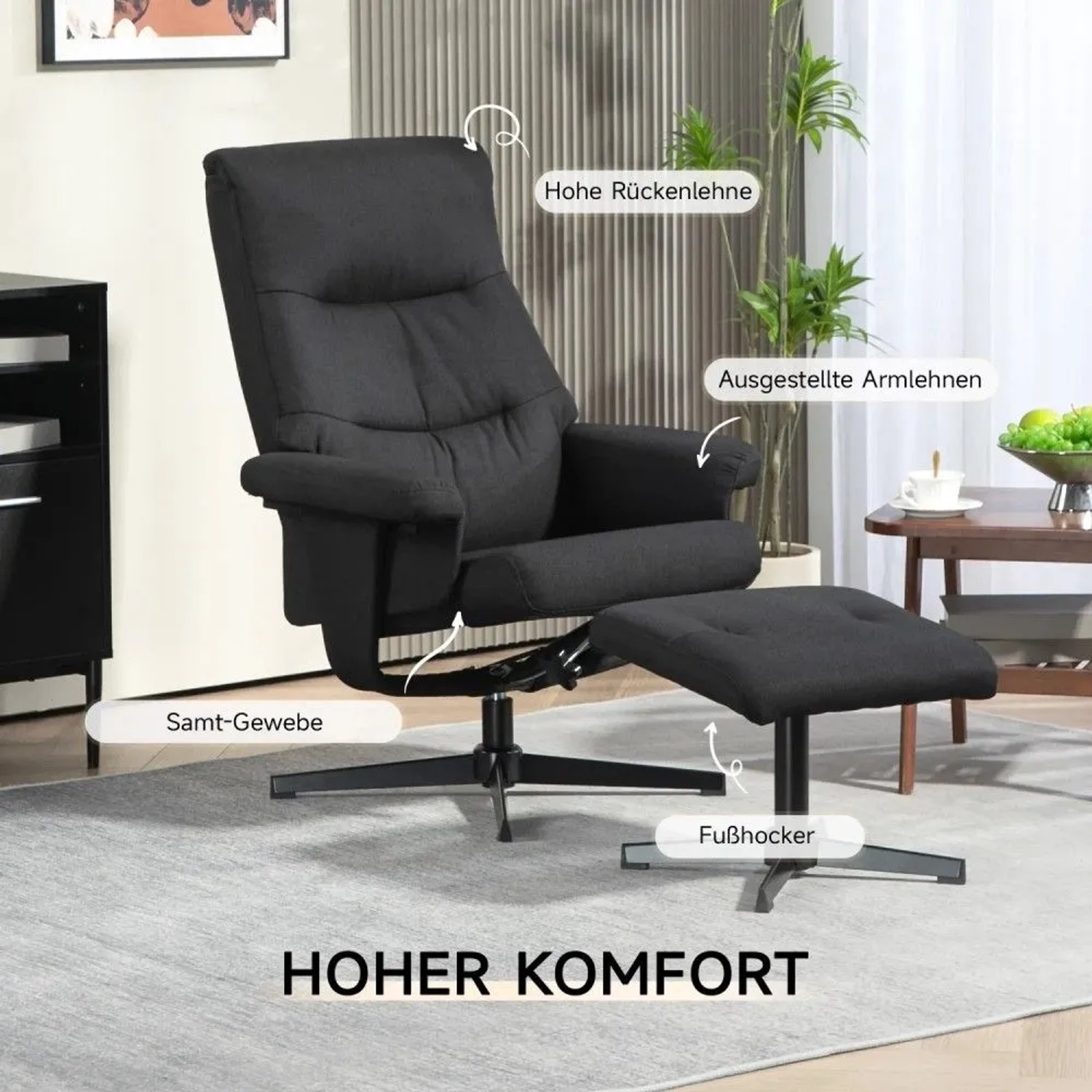 Schwarzer HOMCOM Relaxsessel mit hohem Rücken, ausgestellten Armlehnen und passendem Hocker aus Samtstoff. Drehbarer Loungesessel.