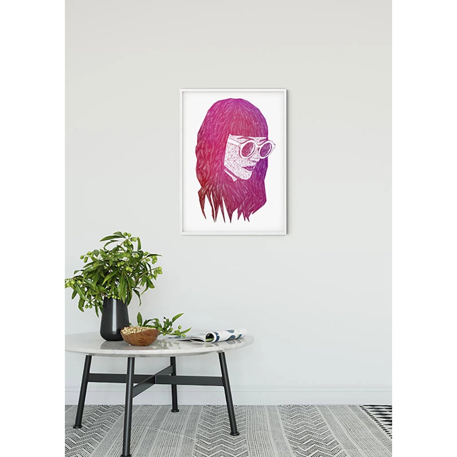 Komar Wandbild Grid Pink, 50x70 cm, mit abstraktem Frauengesicht und Brille.