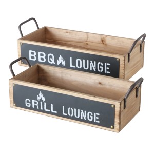 Boltze Tablett-Set Conny, 2 Holztabletts mit Metallgriffen und Aufschrift BBQ/Grill Lounge.