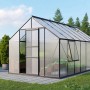 Schwarzes Vitavia Gewächshaus Meridian 1 mit geöffneter Tür und Fenster im Garten.
