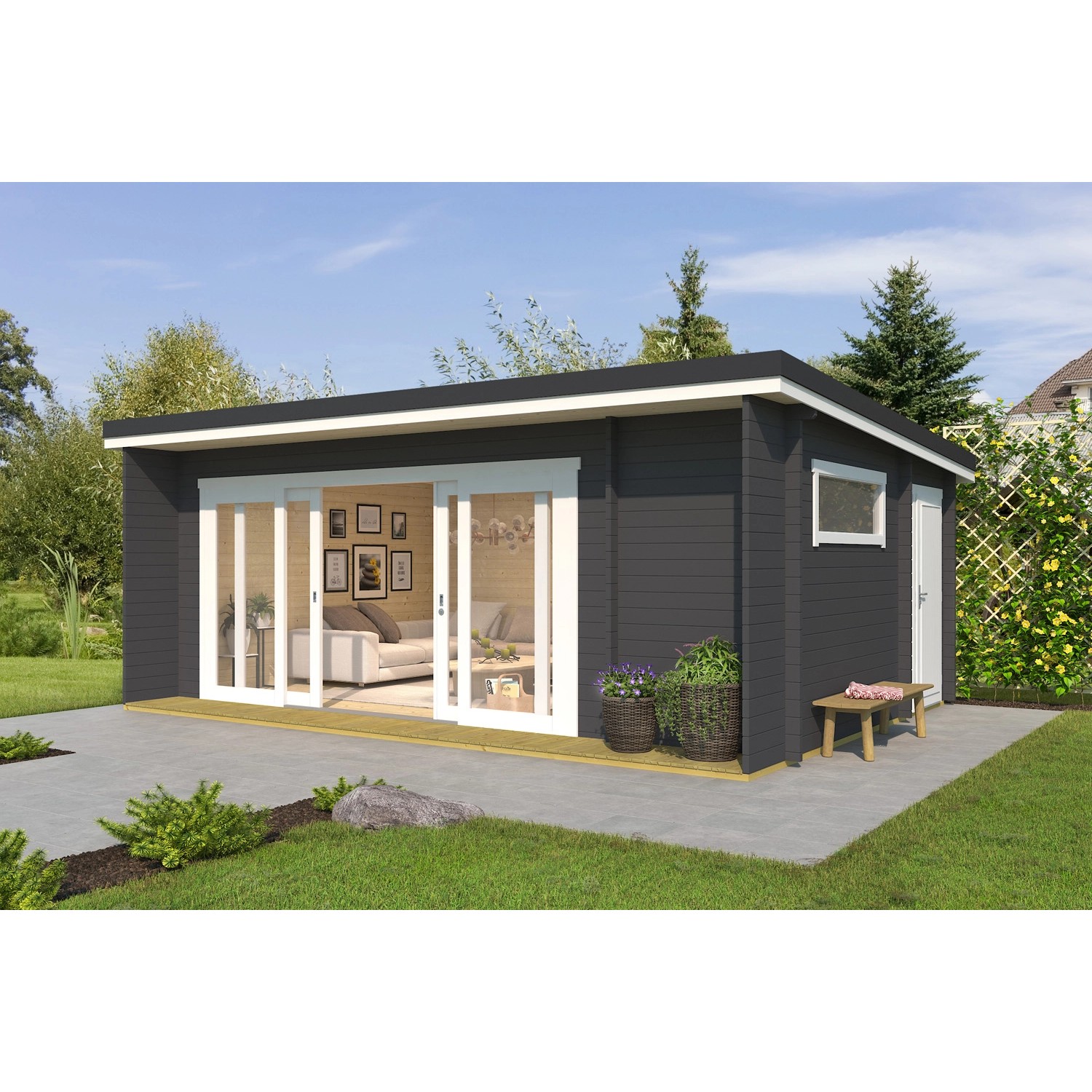 Modernes, carbongraues Lasita Maja Gartenhaus Java mit Schiebetür und Pultdach.