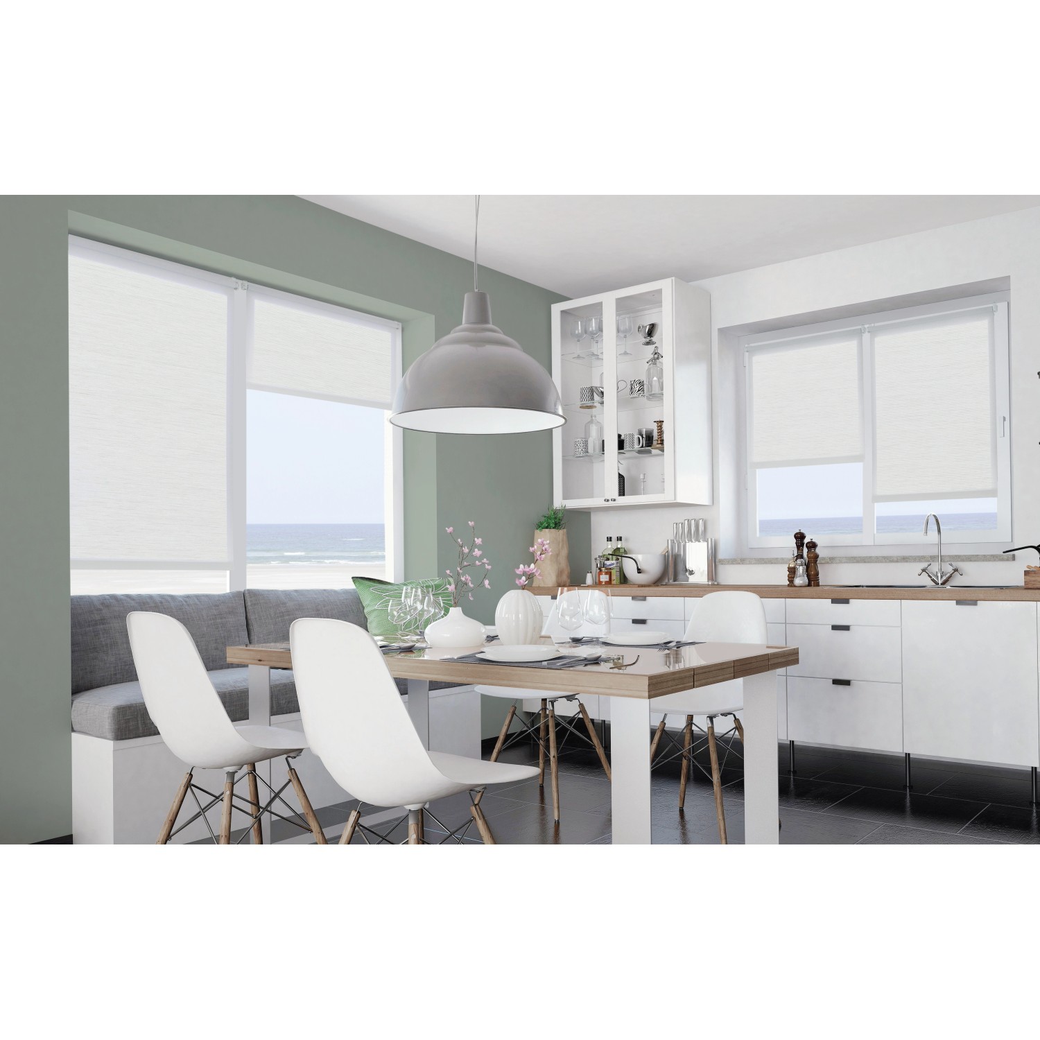 Weißes Gardinia EasyFix Rollo 100x150 cm im modernen Küchenambiente.