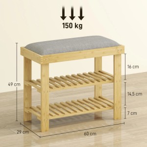 HOMCOM Schuhbank aus Bambus mit grauem Polstersitz und zwei Schuhablagen. Ideal für Flur & Eingangsbereich.