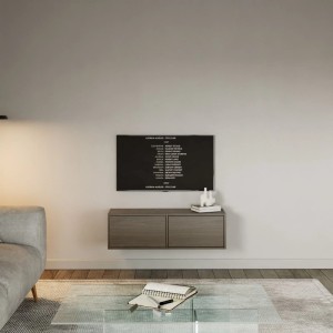 Selsey Framme TV-Hängeboard in Walnuss Holzoptik, 100 cm breit, wandmontiert unter einem Fernseher im modernen Wohnzimmer.