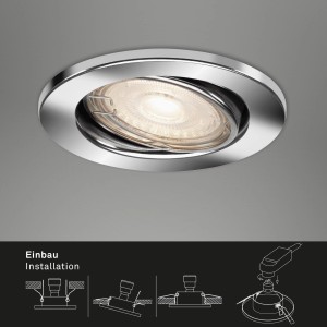 Briloner LED-Einbaustrahler in Chrom, Detailaufnahme mit Installationshinweisen.
