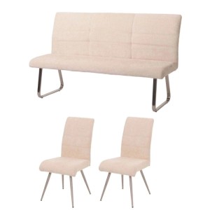 MCW Esszimmer-Set G55, 3-teilig: Sitzbank 160cm und 2 Stühle in Creme mit Chenille-Stoff.