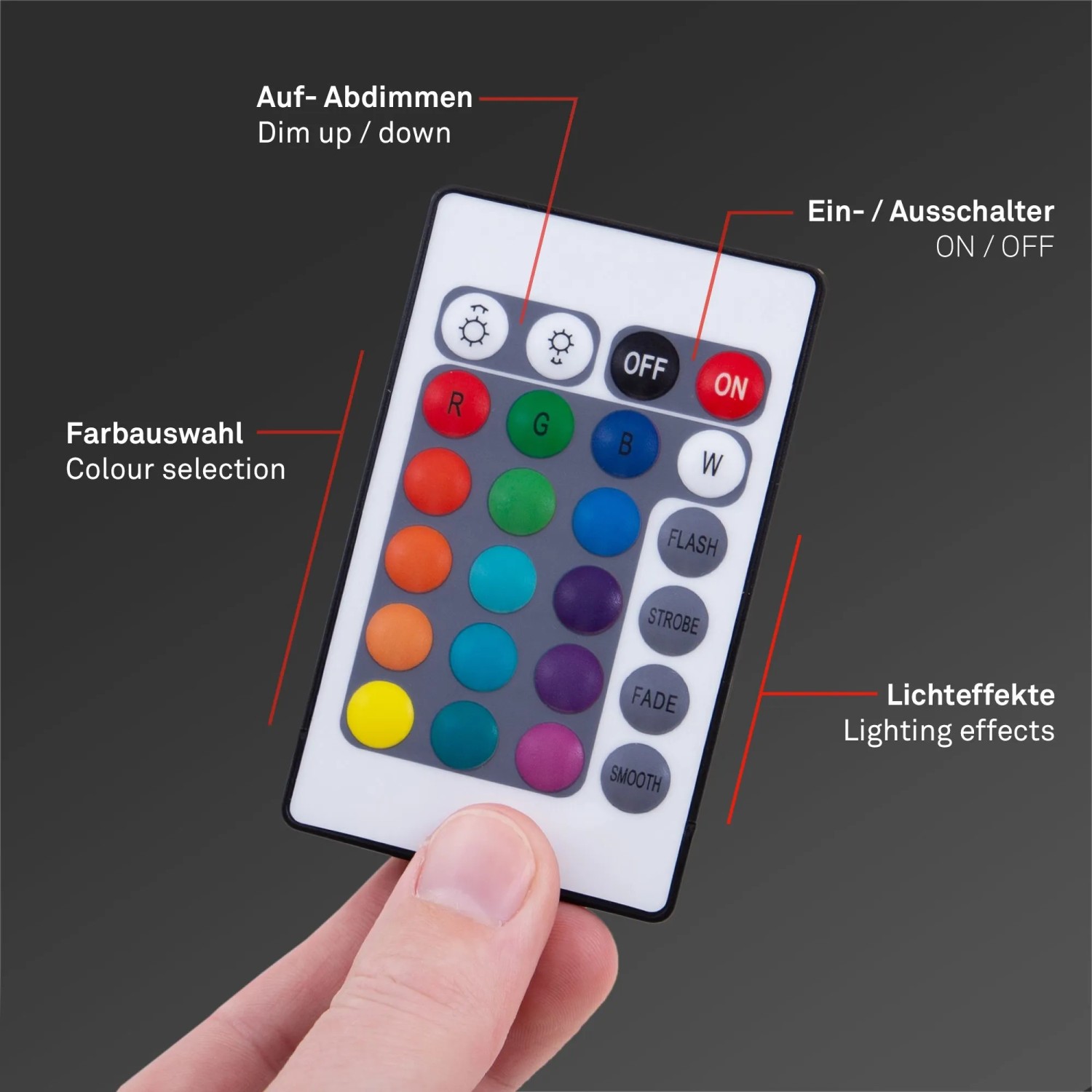 Fernbedienung für Brilo Outdoor LED-Strip mit Farbwahl, Dimmfunktion und Lichteffekten.